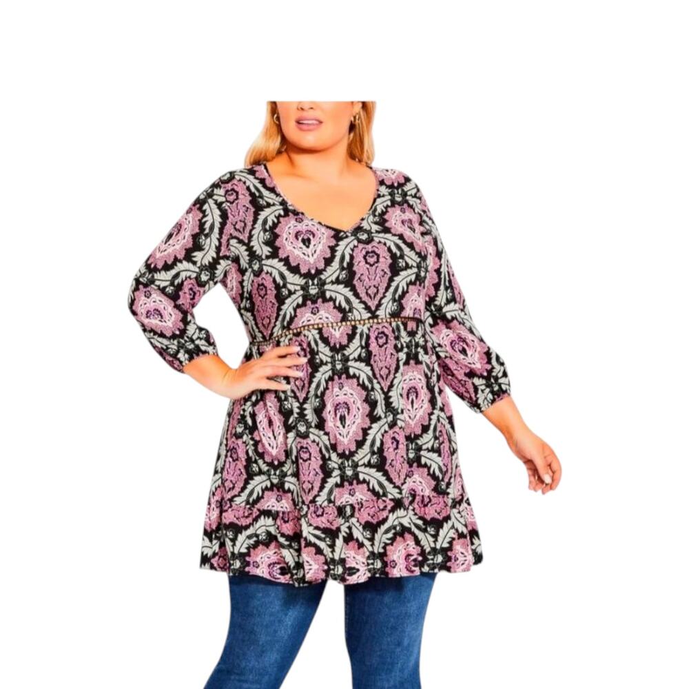 Avenue Women's Plus size 22/24 Floral Medallion Bohemian Mini Dress Flowy Tunic